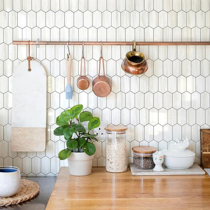 Vamos Tile Long Hexagon Peel and Stick Backsplash Tile - 10 Sheets Stick on Backsplash for Kitchen and Bathroom 12.4 x 12 Inch Glossy Dolomite White PVC Self Adhesive Mosaic Wall Tiles