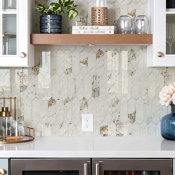 Vamos Tile Glossy Pandora Marble with Gold Veining Backsplash Tile Peel and Stick, 12.8 x 12.8 Inch 10 Sheets Long Hexagon PVC Self Adhesive Mosaic Tiles Stick on Backsplash for Kitchen and Bathroom