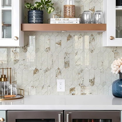 Vamos Tile Glossy Pandora Marble with Gold Veining Backsplash Tile Peel and Stick, 12.8 x 12.8 Inch 10 Sheets Long Hexagon PVC Self Adhesive Mosaic Tiles Stick on Backsplash for Kitchen and Bathroom