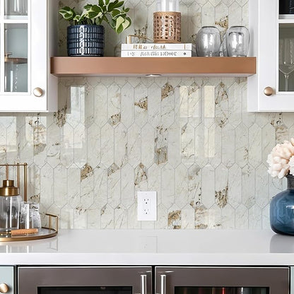 Vamos Tile Glossy Pandora Marble with Gold Veining Backsplash Tile Peel and Stick, 12.8 x 12.8 Inch 1 Sheet Long Hexagon PVC Self Adhesive Mosaic Tiles Stick on Backsplash for Kitchen and Bathroom