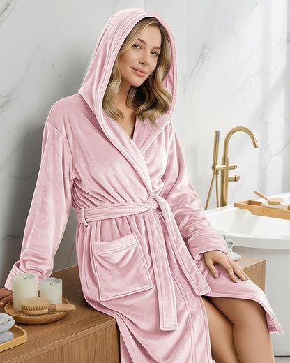 NY Threads Women's Fleece Hooded Bathrobe Plush Long Spa Robe, Medium