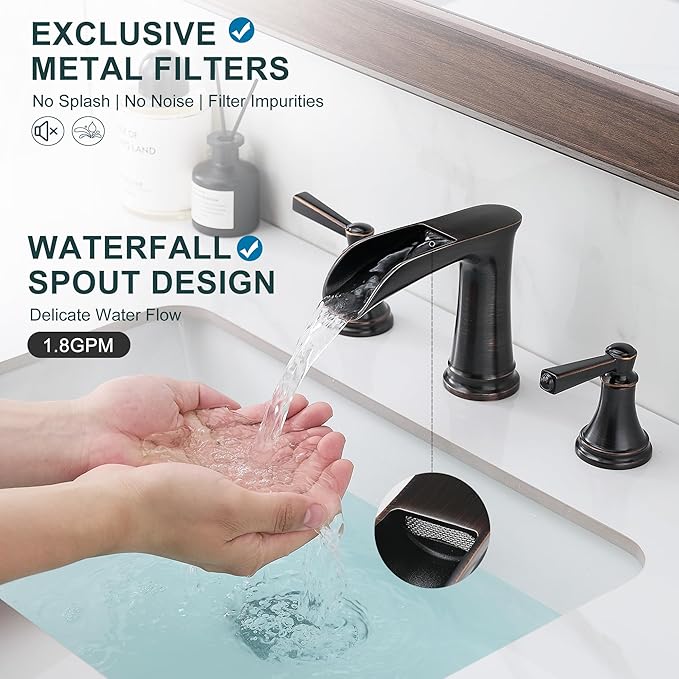 Brass 8 Inch Oil Rubbed Bronze Bathroom Faucet Waterfall Widespread Bathroom Faucets for Sink 3 Hole 2 Handle with Pop up Drain & Pre-Installed cUPC Water Hose for Vanity, 10 Mins Install