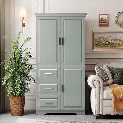 Merax 62.2" Pantry Cabinet with Three Doors & Three Drawers, Adjustable Shelves Storage Cupboard for Kitchen/Dining Room/Bathroom, Gray