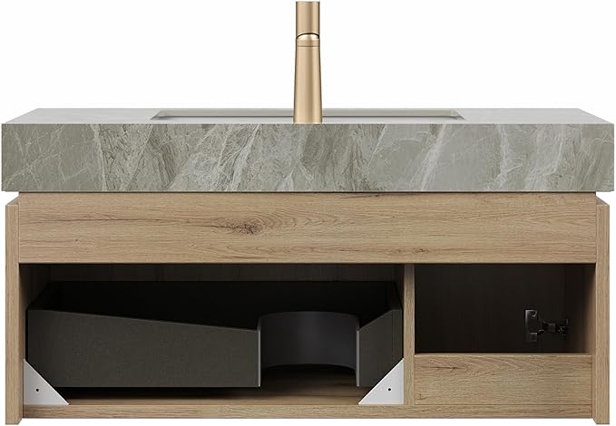 Ambrovina 36" Floating Bathroom Vanity with Sink, Modern Plywood Bathroom Storage Cabinet with Drawer and Door, Gray Sintered Stone Countertop and White Ceramic Basin, Pre-Assembled, Light Oak