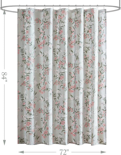 Martha Stewart Meadow Floral Shower Curtain, Cotton-Rich Slub Texture, Timeless Garden Design, Classic to Modern Farmhouse Bathroom Decor, Machine Washable 72"x84", Green