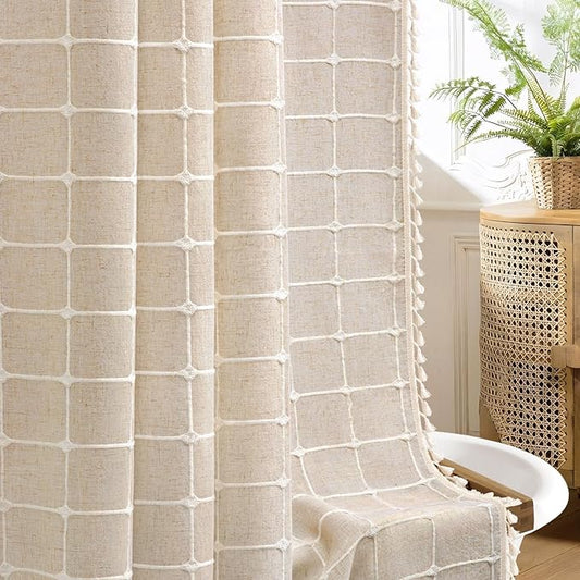Beige Shower Curtain Linen Texture Farmhouse with Embroidered Plaid Pattern and Boho Tassels for Bathroom,72" W×72" L