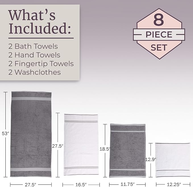 Lavish Home Rio 8 Piece 100% Cotton Towel Set - White & Silver