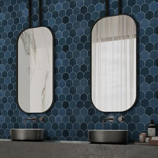 SUNWINGS 10-Sheet Fish Scale Peel and Stick Backsplash Tile, 11.4'' x 10.9" Stone Composite Scallop Handmade Looks Self-Adhesive Wall Tiles for Kitchen Bathroom, Blue