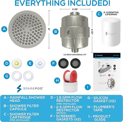 SparkPod Filtered Shower Head, 23-Stage, 6" Round, Brushed Nickel | Showerhead for Hard Water, High Pressure, Reduces Chlorine, Heavy Metals, For Dry Skin & Hair, Removable Capsule Filter