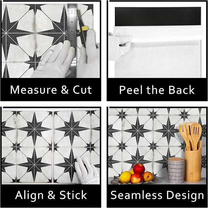 The Tiles Plaza Encaustic Peel and Stick Backsplash, Black Star Patterned Vintage Stick on Tiles, Stone Composite Self-Adhesive Wall Tile Sticker for Kitchen Bathroom Fireplace Stairs, 10 Sheets