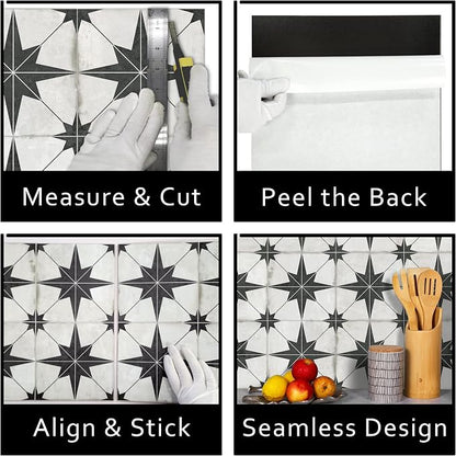 The Tiles Plaza Encaustic Peel and Stick Backsplash, Black Star Patterned Vintage Stick on Tiles, Stone Composite Self-Adhesive Wall Tile Sticker for Kitchen Bathroom Fireplace Stairs, 10 Sheets