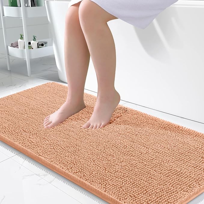 OLANLY Bathroom Runner Rugs 45x27, Extra Soft Absorbent Chenille Bath Rugs | Peach, Quick-Drying Rubber Backing, Machine Washable Long Bath Mat for Bathroom Floor, Tub and Shower, Home Decor Accessories