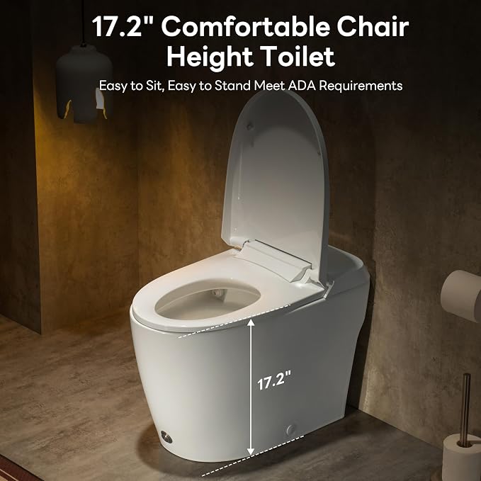 Elongated One Piece Toilet with 17.2" ADA Comfort Height Seat | Modern Toilet for Bathroom, 1.0GPF Button & Foot Kick Flush, Air Pressure Assisted Flush, 12'' Rough-in, Standard White Bowl