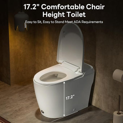 Elongated One Piece Toilet with 17.2" ADA Comfort Height Seat | Modern Toilet for Bathroom, 1.0GPF Button & Foot Kick Flush, Air Pressure Assisted Flush, 12'' Rough-in, Standard White Bowl