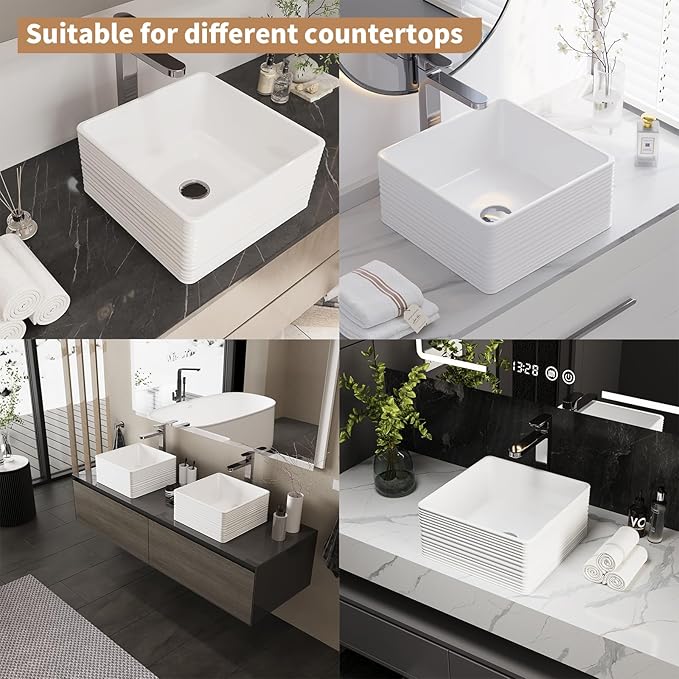 16"X16" Bathroom Vessel Sink, 6" Basin Depth Rectangular Bathroom Sink, Above Counter White Porcelain Ceramic Modern Vanity Sink Rectangle Art Basin