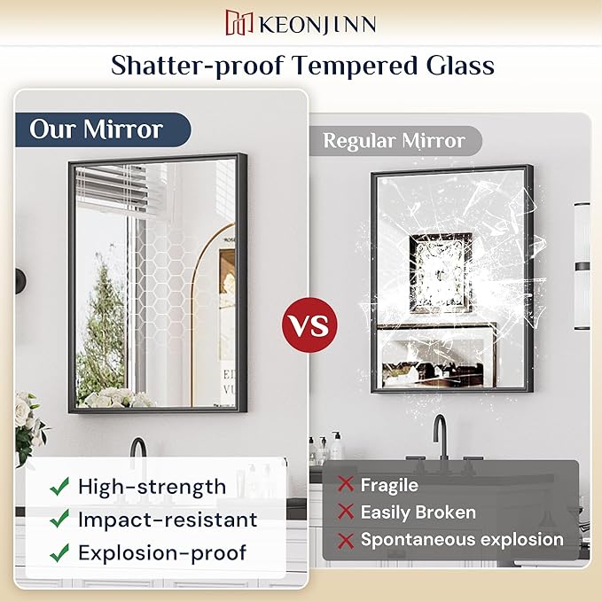 Keonjinn 16 x 20 Inch Small Stainless Steel Framed Mirror, Matte Black Bathroom Mirrors for Over Sink, Anti-Rust, Curved Edge, Shatter-Proof Tempered Glass, Square Rectangle Bathroom Vanity Mirror