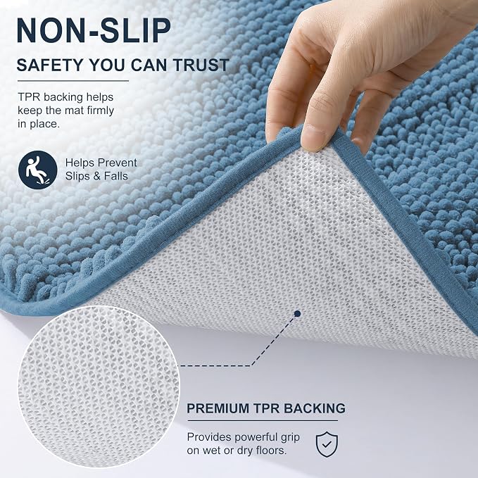 Smiry Thick Chenille Toilet Rugs U-Shaped 24x20, Soft Bath Mat, Airy Blue | Absorbent Striped Contour Bathroom Rugs, Machine Washable, Dry Quickly, Non‑Slip, Modern Home Decor Accessories