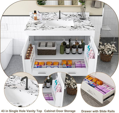 Montary 42" Bathroom Vanity with 43" Artificial Marble Black White Top, Modern Stylish MDF Bathroom Storage Cabinet, Vanity Set with 2 Doors and One Large Divided Drawer, White (Single Hole)