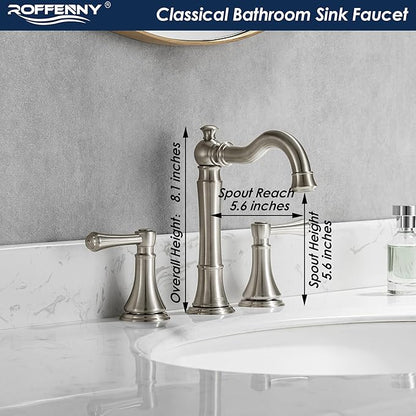 Brushed Nickel Bathroom Faucet 8 inch Widespread for 3 Holes, with 2 x 23.6 inch Water Supply Lines and Plastic Pop-Up Drain, Classic 2-Handle Bathroom Vanity Sink Faucet, 360° Swivel Spout