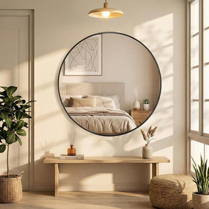 DUMOS 28 Inch Round Wall Mirror, Bathroom Mirror, Black | Metal Frame, HD Reflection Shatterproof Glass Vanity, Decor for Bathroom Vanity Bedroom Entryway