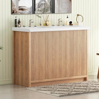 Bathroom Vanity with Double Sink 48 Inch, Modern Thickened Wood Bathroom Storage Cabinet, Freestanding Storage Bathroom Vanity with 4 Doors, Nature Wood