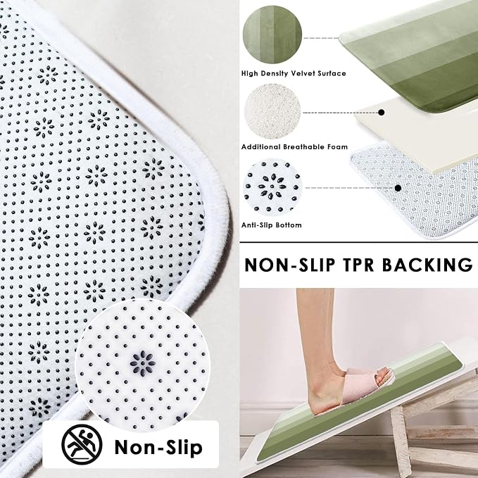 Bathroom Sets with Shower Curtain and Rugs, 4 Pcs, Ombre Striped | Minimalist Green Modern Bathroom Decor Set with Toilet Lid Cover, Non-Slip Bath Mats and Accessories 12 Hooks