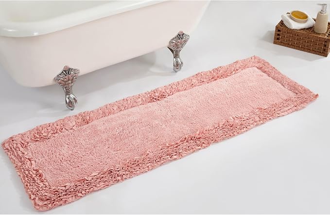 Better Trends 100% Cotton 20x60 Long Runner Bath Mat Extra Soft Non-Slip Bath Rug Water Absorbent Washable for Bathroom Floor Tub Shower Pink Shaggy Border Collection Oeko-Tex Certified