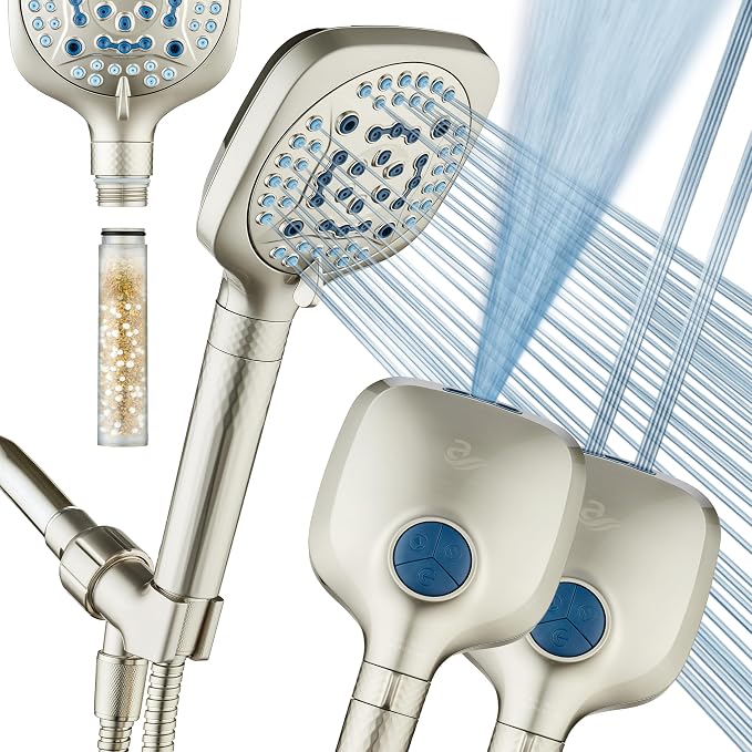 AquaCare 4X 10-Mode High Pressure Hand Shower w/Filter & 2-mode Power Wash | Filters Chlorine & Toxins, Softens Hard Water for Healthy Skin & Hair. Handheld Power Head Cleans Tub, Tile & Pets / Nickel