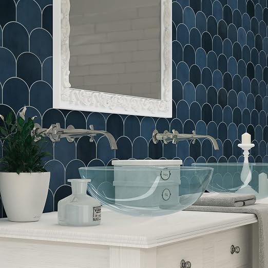 SUNWINGS 10-Sheet Fish Scale Peel and Stick Backsplash Tile, 11.4'' x 10.9" Stone Composite Scallop Handmade Looks Self-Adhesive Wall Tiles for Kitchen Bathroom, Blue