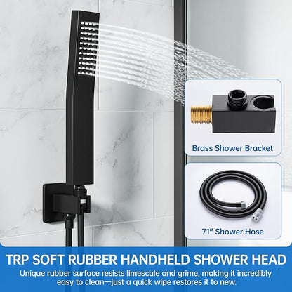 Hawkrown 10 Inch Luxury Rain Shower Faucet Set, Matte Black Shower System with Rainfall Shower Head and Handheld Spray, SUS304 Stainless Steel and Solid Brass Wall Mounted Shower Valve Trim Kit