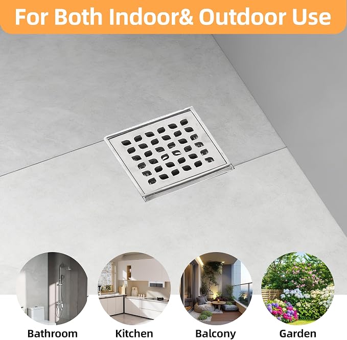 4-Inch Square Shower Drain Kit with Bonding Flange, Brushed Silver | Removable 304 stainless steel grate with hair strainer; fits 2- and 3-inch pipes for tiled shower floors and wet areas