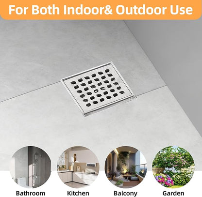 4-Inch Square Shower Drain Kit with Bonding Flange, Brushed Silver | Removable 304 stainless steel grate with hair strainer; fits 2- and 3-inch pipes for tiled shower floors and wet areas