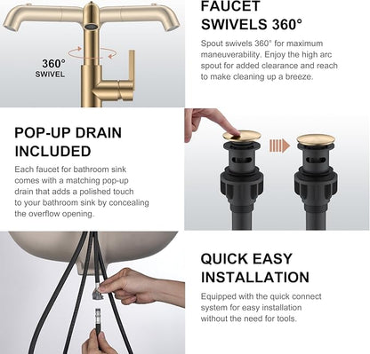 Champagne Bronze Pull Down Bathroom Faucet 1 Handle Vanity Faucet | Pull Out Bathroom Faucet with Pop Up Drain & 6 Inch Deck Plate, Lead-Free cUPC & NSF Certified, 1 Hole Faucet for Vanity RV