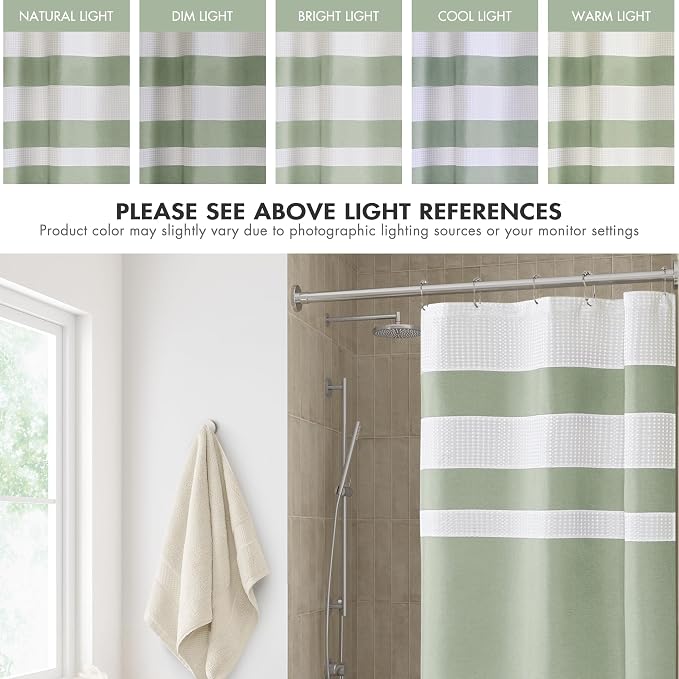 Madison Park Spa Waffle Weave Stall Shower Curtain, 36 x 72, Sage Green | Striped, Pieced Fabric Design, 3M Scotchgard Moisture Management, Hotel Quality, Modern, for Bathroom, OEKO-TEX Certified