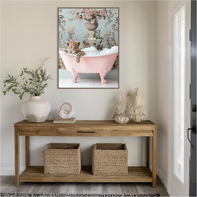 Amanti Art Framed Canvas Wall Art 42x32 Leopard Pink Bubble Bath by Niky Rahner, Framed Wall Art Canvas, Animals Artwork, Traditional Decor, Oversize Poster Painting for Living Room, Bedroom, Bathroom