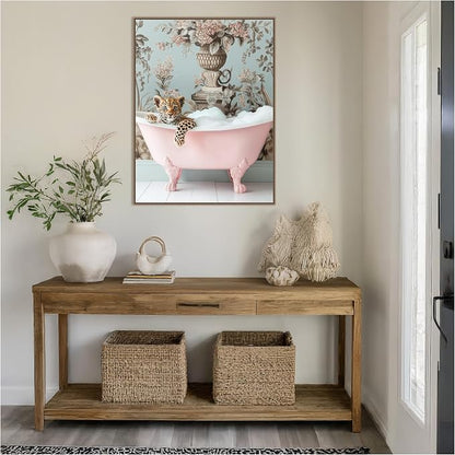 Amanti Art Framed Canvas Wall Art 42x32 Leopard Pink Bubble Bath by Niky Rahner, Framed Wall Art Canvas, Animals Artwork, Traditional Decor, Oversize Poster Painting for Living Room, Bedroom, Bathroom
