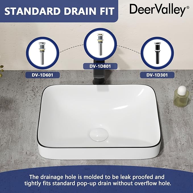 DeerValley Liberty 15.94x12.01 Inch Semi-Recessed Bathroom Vessel Sink, White Ceramic Rectangular Sink with Black Rim, Model DV-1V0347