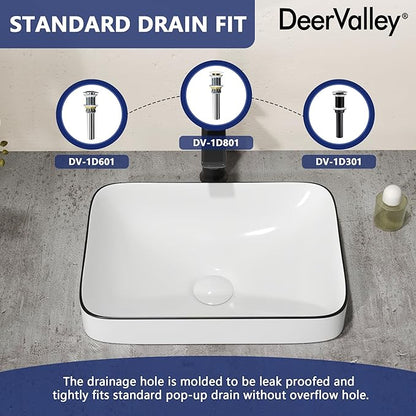 DeerValley Liberty 15.94x12.01 Inch Semi-Recessed Bathroom Vessel Sink, White Ceramic Rectangular Sink with Black Rim, Model DV-1V0347