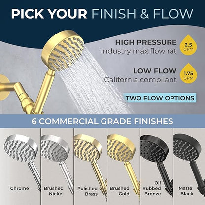 HammerHead Showers® Solid Metal LOW FLOW Handheld Shower Head with Hose and Brass Holder - POLISHED BRASS – Water Saving 1.75 GPM Detachable Shower Head - Adjustable Shower Wand Bracket & 6ft Hose