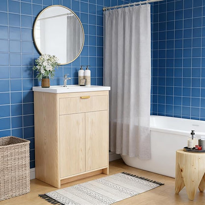 Bathroom Vanity with Sink, 24 Inch Single Bathroom Vanity with Sink with Storage Cabinet for Small Space, Freestanding Storage Bathroom Vanity with 2 Soft Closing Cabinets, Nature Wood