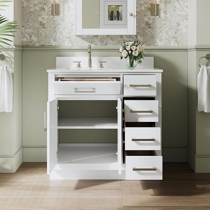 36-Inch Bathroom Vanity with Sink W/ 2 Doors & 4 Drawers & 1 Flip Drawer, White Vanity W/Brushed Nickel Handles