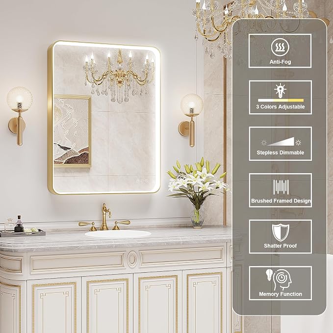 LED Mirror for Bathroom 24X32 Inch Gold Framed with Anti-Fog, Stepless Dimmable, Front Lit, LED Bathroom Vanity Mirror for Wall, Memory Function, Shatter-Proof