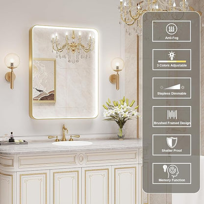LED Mirror for Bathroom 24X32 Inch Gold Framed with Anti-Fog, Stepless Dimmable, Front Lit, LED Bathroom Vanity Mirror for Wall, Memory Function, Shatter-Proof