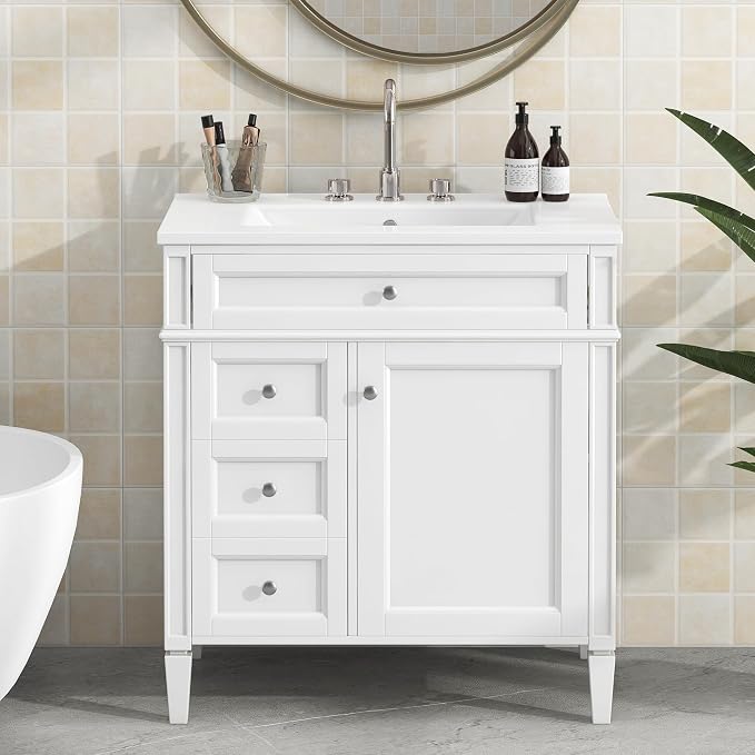 Merax 30 inch Bathroom Vanity with Ceramic Sink, Solid Wood Frame Modern Bathroom Sink Storage Cabinet with 2 Drawers and a Tip-Out Drawer, Single Sink Bathroom Vanities, White