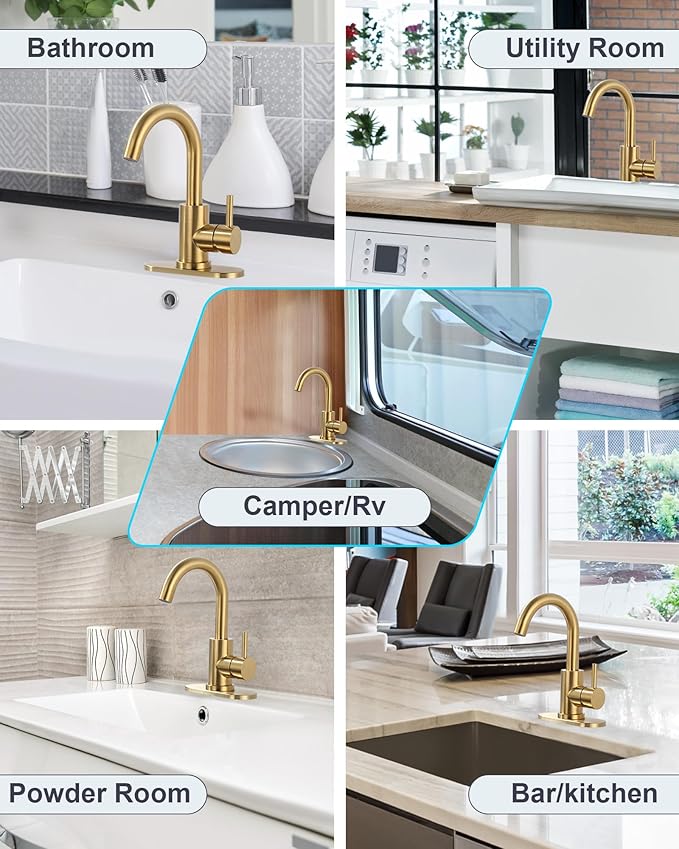 Modern Bar Sink Faucet: Single-Handle Gold Bathroom Kitchen Sink Faucet, 1 Hole Wet Bar Sink Faucets with 360°Swivel Spout for bar RV Laundry Farmhouse