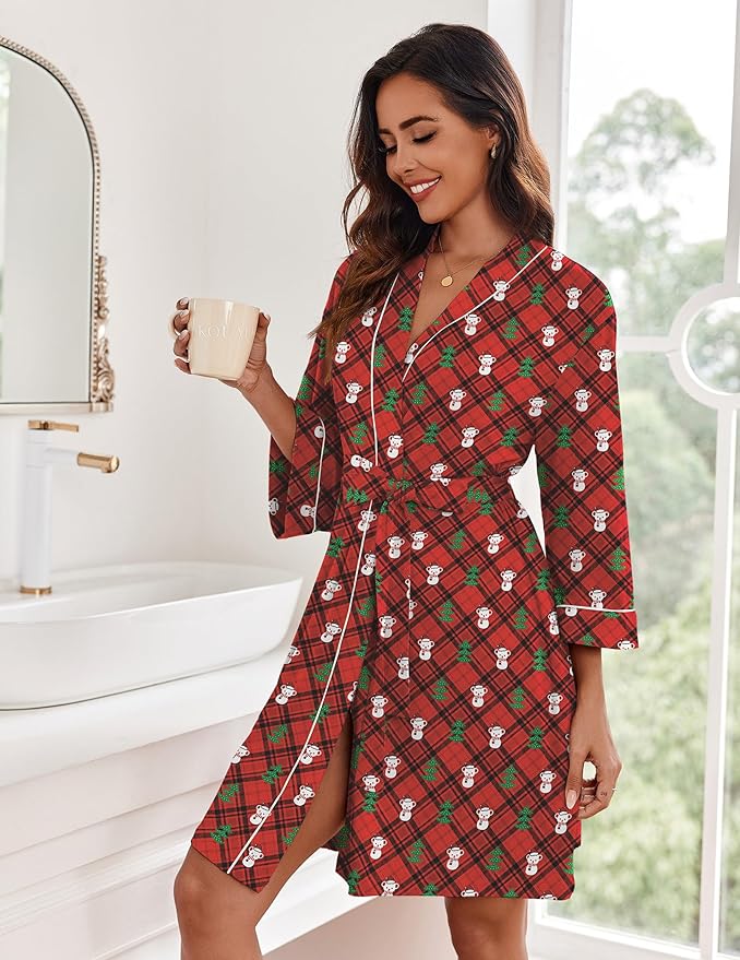 Ekouaer Women Kimono Robes Knee Length Knit Bathrobe Lightweight Soft Sleepwear V-neck Casual Ladies Loungewear