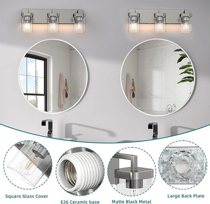 3-Light Bathroom Light Fixtures, Brushed Nickel Vanity Lights for Bathroom, Kitchen, Living Room, Modern Bathroom Vanity Lights with Clear Glass Shades