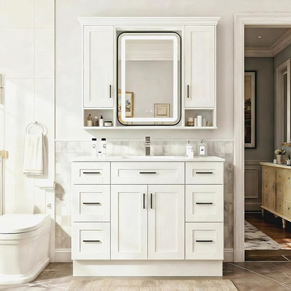 Large 48 Inch Bathroom Vanity with Ceramic Sink and 6 Soft-Close Drawers, Spacious White Cabinet with Thickened Construction