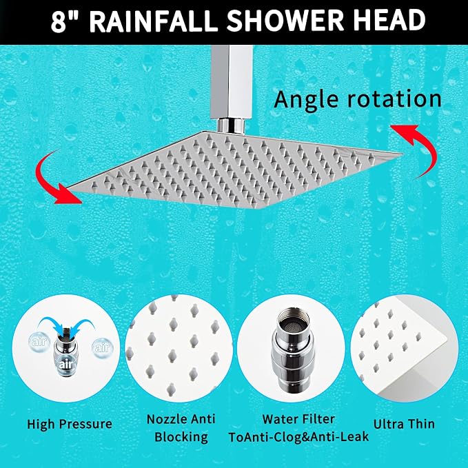 8 Inch Shower Faucet Set, Ceiling Mounted Rainfall Shower System with High Pressure Handheld Shower Head, Bathroom Mixer Rough-in Valve and Trim Shower Kit, Polished Chrome, with Tub Spout