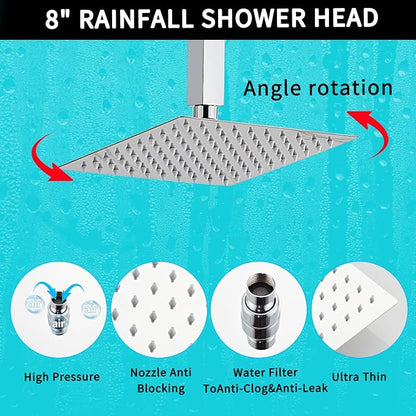 8 Inch Shower Faucet Set, Ceiling Mounted Rainfall Shower System with High Pressure Handheld Shower Head, Bathroom Mixer Rough-in Valve and Trim Shower Kit, Polished Chrome, with Tub Spout